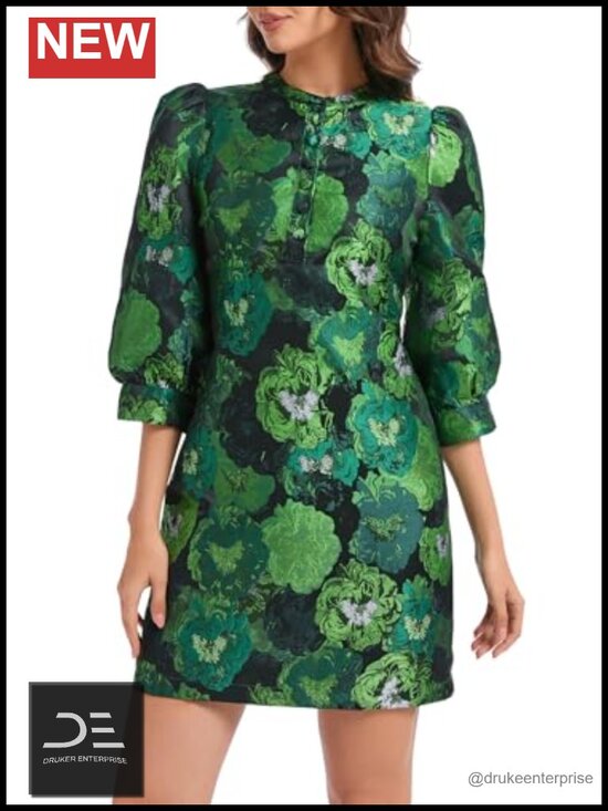 Dresses & Skirts - Floral Jacquard Mini Shift Dress 3/4 Sleeve Cocktail Party